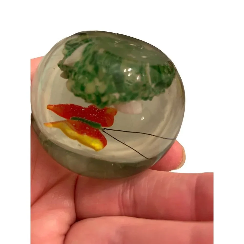 Glass Globe Paperweight Red Yellow Butterfly Grass 1.8